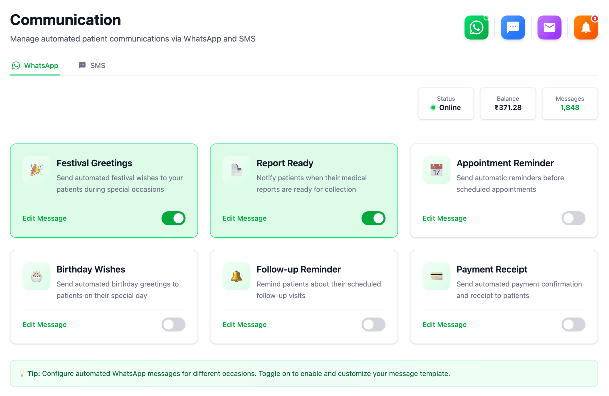 WhatsApp and SMS patient reminders sent from a Clino Health app